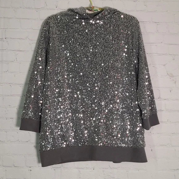 Zenergy By Chicos Silver Sequins Slouch Neck Quarter Sleeve Top Womens Size 3 - Picture 7 of 9